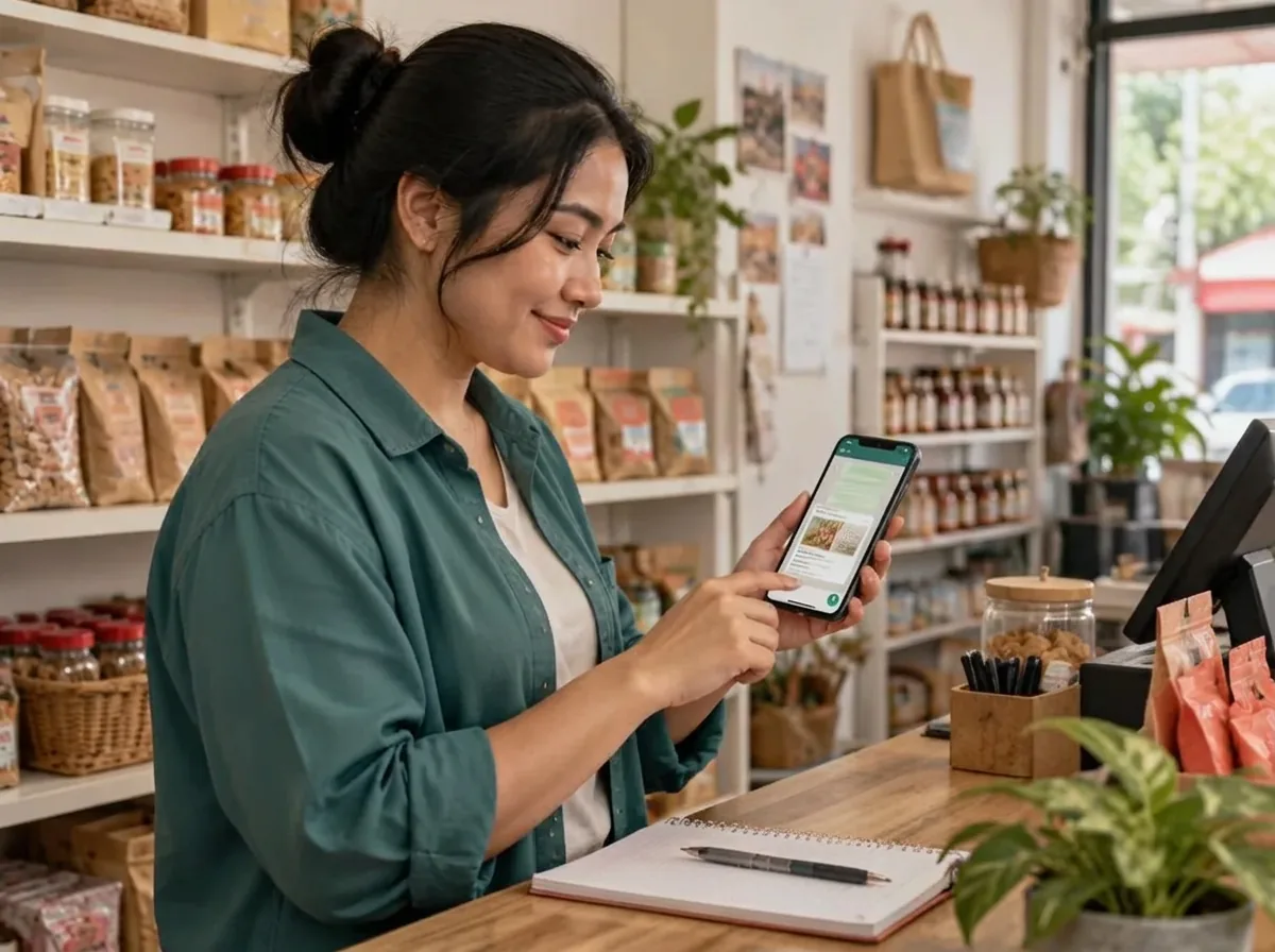 A Malaysian shop owner sending a quotation from her phone